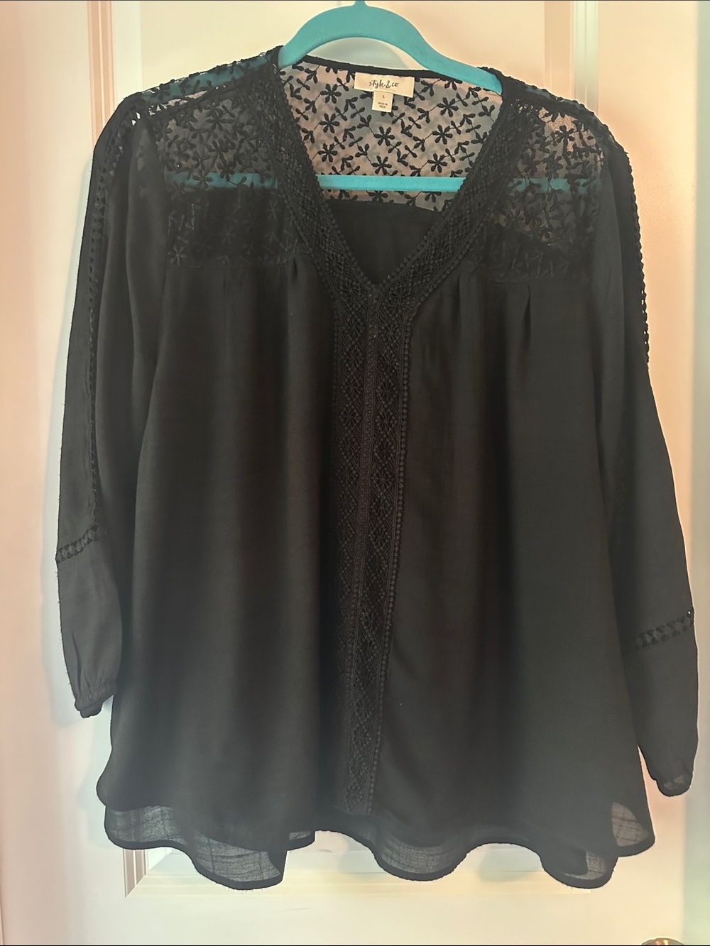 Style & Co. Black Lace-Yoke V-Neck Peasant Tunic